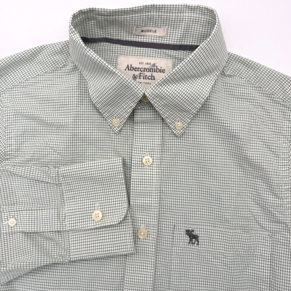 Abercrombie & Fitch Button Down Mens Medium Green Micro Check Muscle Fit Shirt